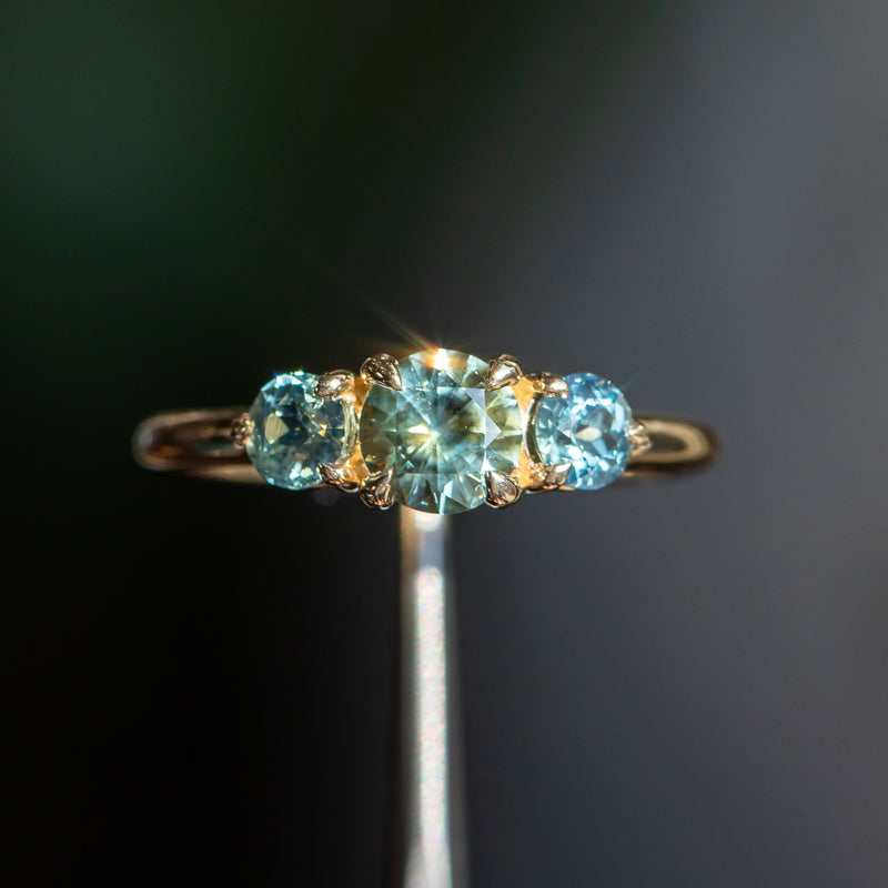 0.75ct Round Montana Sapphire and 0.70ct Round Madagascar Sapphires Three Stone Ring in 14K Yellow Gold