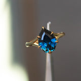 3.84ct Shield Blue Sapphire Six Prong Split Shank Solitaire in 18k Yellow Gold