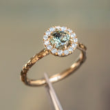 0.94ct Round Color Shifting Champagne Diamond Low Profile Diamond Halo Ring In 14k Yellow Gold