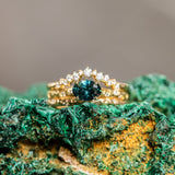 0.85ct Oval Sapphire in 14k Yellow Gold Evergreen Solitaire with Scattered Embedded Diamonds