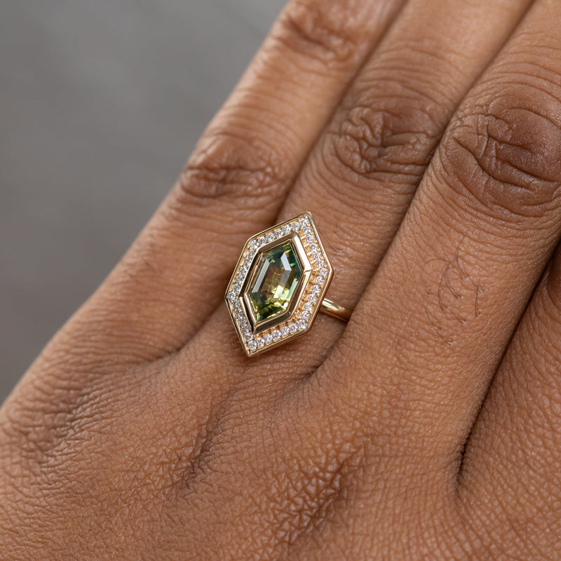 1.87ct Elongated Hexagon Geo Parti Sapphire Bezel Set Diamond Halo in 18k Yellow Gold