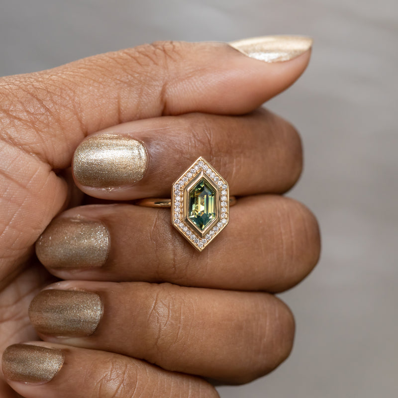 1.87ct Elongated Hexagon Geo Parti Sapphire Bezel Set Diamond Halo in 18k Yellow Gold