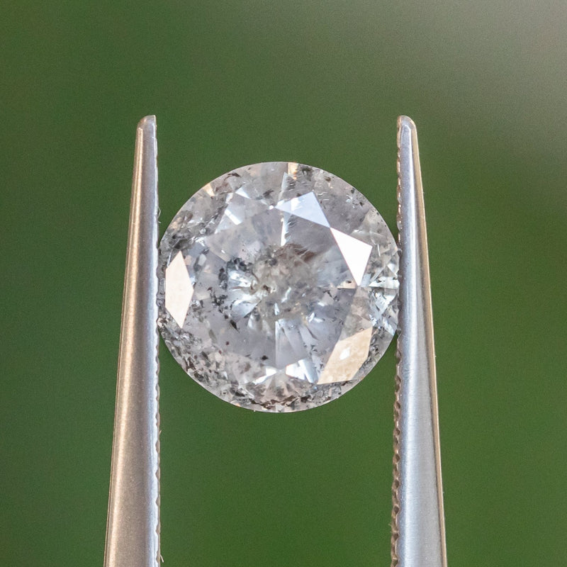 2.00CT ROUND SALT AND PEPPER DIAMOND, LIGHT GREY WITH SHIMMERY GLOW, 7.9X4.99MM