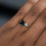 1.56ct Deep Teal Blue Pear and Antique Old Mine Cut Diamond Ring in 18k Yellow Gold