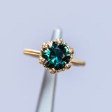 3.03ct Round Deep Teal Sapphire Scallop Cup Solitaire in Satin 18k Yellow Gold
