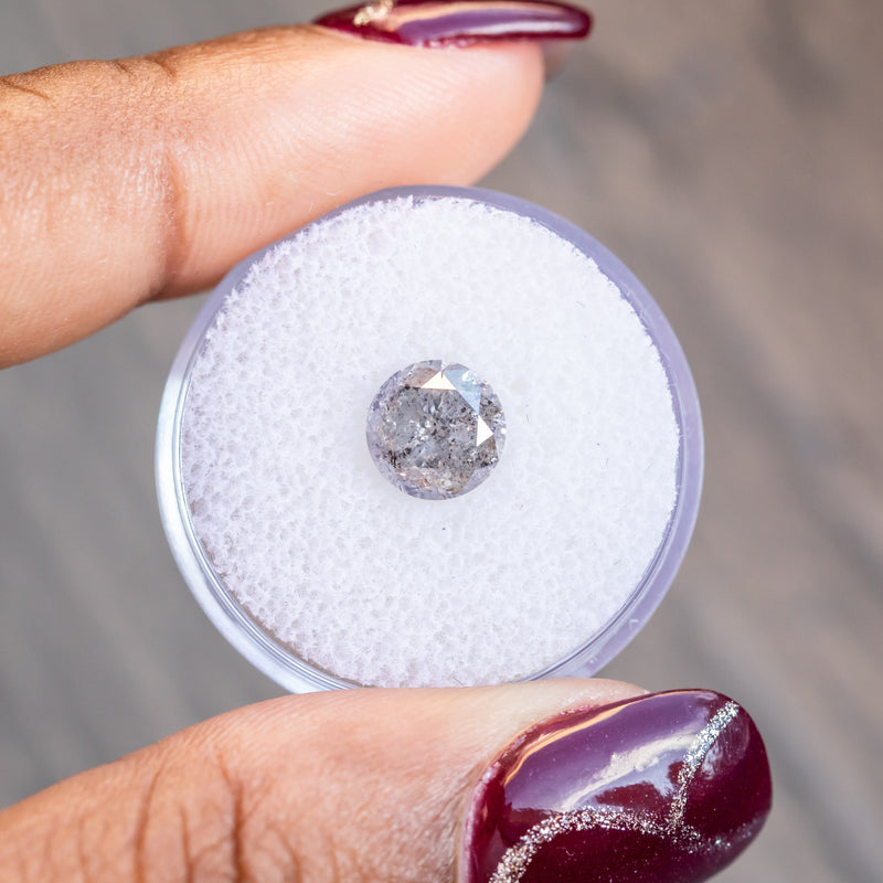 2.11CT ROUND SALT AND PEPPER DIAMOND, MEDIUM GREY, GARDEN INCLUSIONS, 7.67X5.30MM