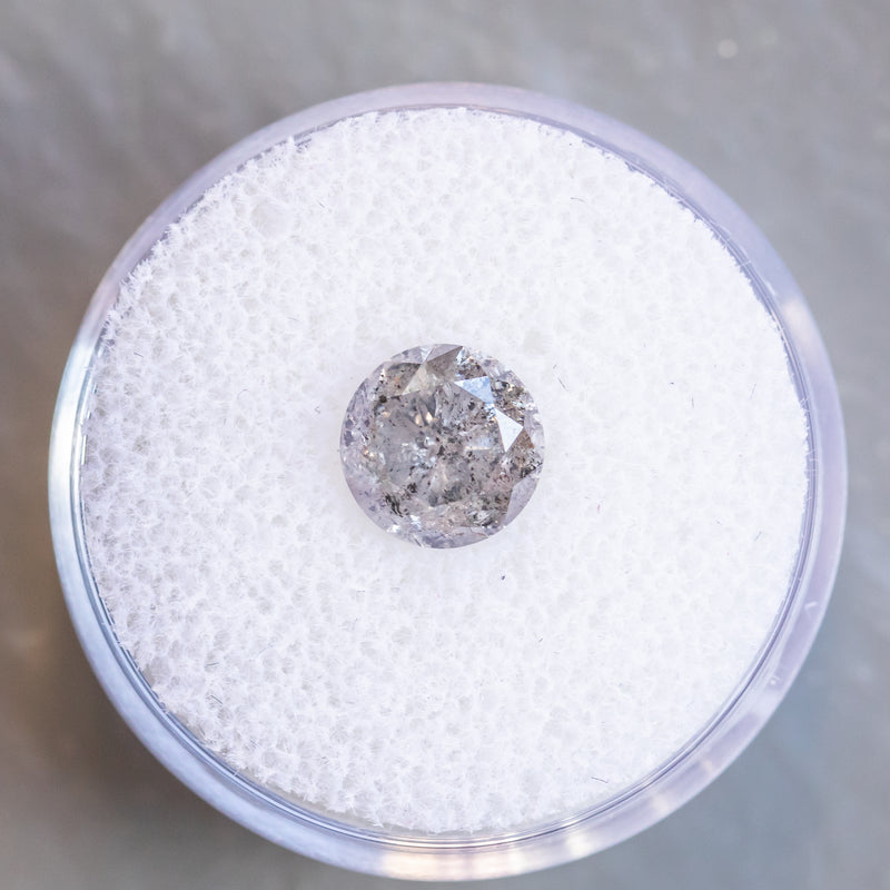 2.11CT ROUND SALT AND PEPPER DIAMOND, MEDIUM GREY, GARDEN INCLUSIONS, 7.67X5.30MM