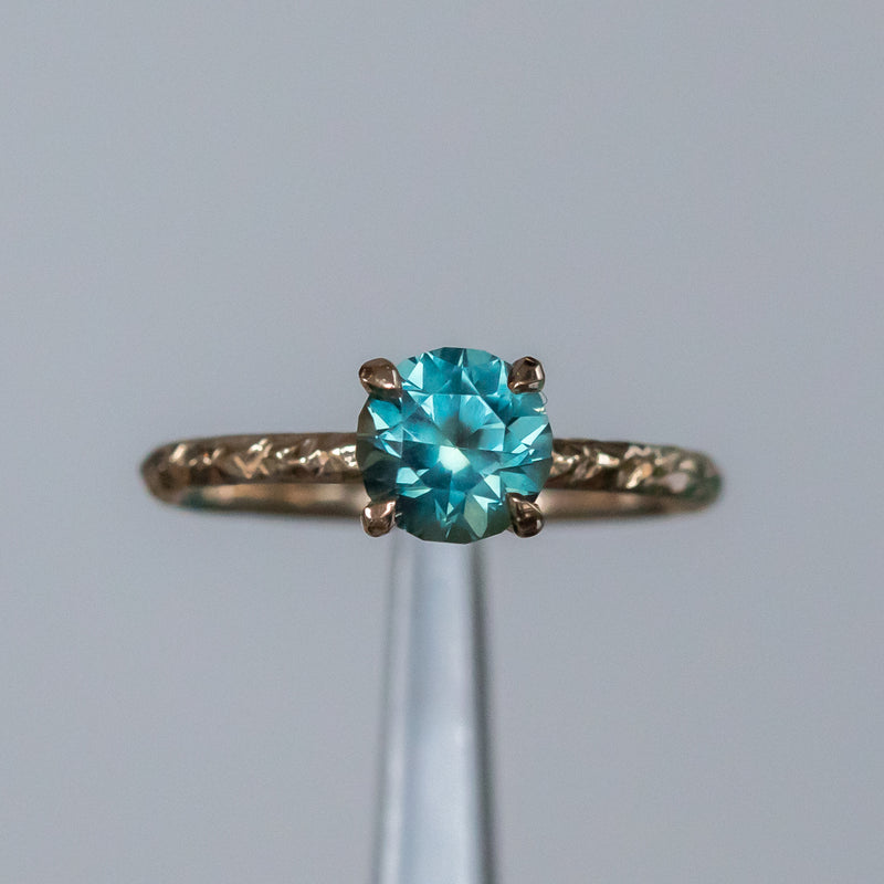 1.39ct Round Teal Songean Sapphire Evergreen Solitaire in Recycled 14k Yellow Gold