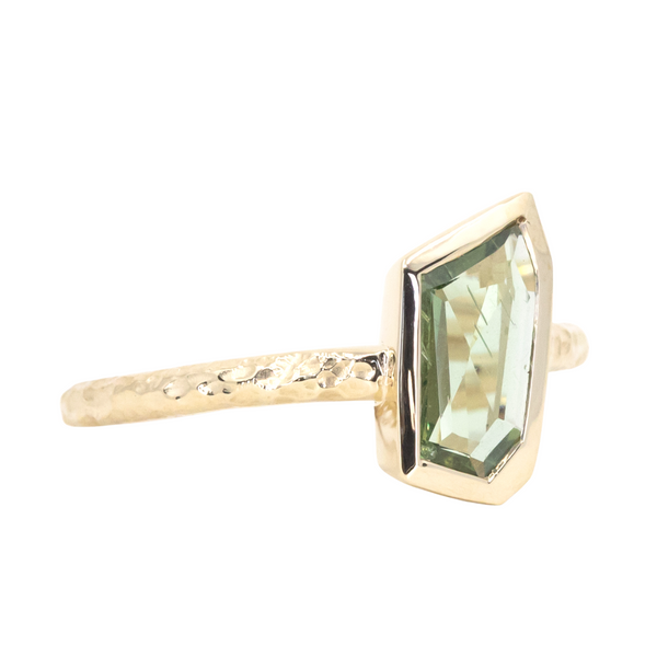 0.98ct Green Geo Slice Sapphire Evergreen Low Profile Bezel Solitaire Ring in 14k Yellow Gold