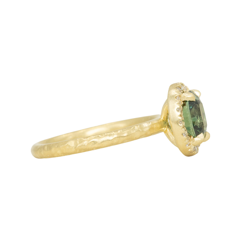 1.38ct Oval Green Montana Sapphire 18k Yellow Satin Evergreen Halo Ring side view