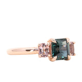 1.31ct Emerald cut sapphire and 0.47ct Pink Spinel Three Stone Ring in 14k Rose Gold