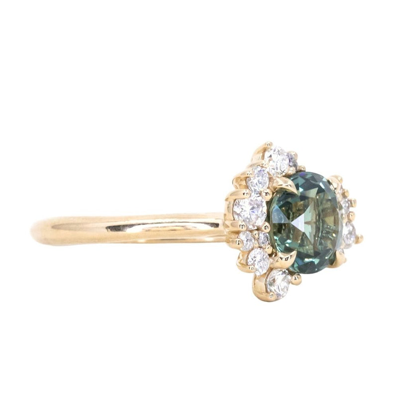 1.73ct Round Madagascar Teal Sapphire and Asymmetrical Diamond Cluster Ring in 14k Yellow Gold
