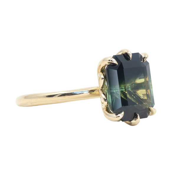 5.73ct Multicolor Radiant Cut Parti Sapphire Lotus 6 Prong Solitaire in 14k Yellow Gold