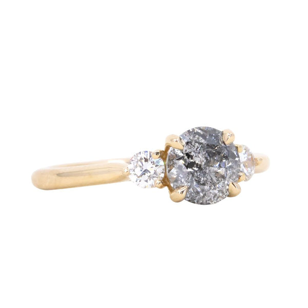 1.05ct Round Salt and Pepper and White Diamond Three Stone Ring in 14k Yellow Gold