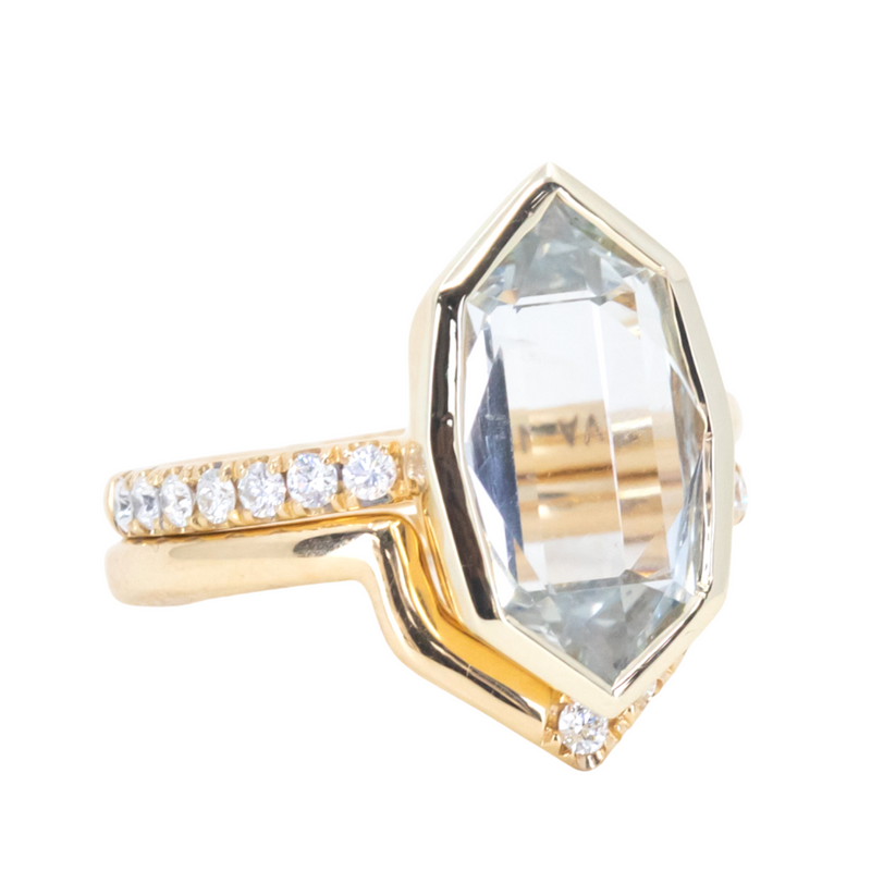 4.19ct Untreated Hexagon Portrait Cut "Seaglass" Colored Sapphire Bezel Set and Asymmetrical Diamond Ring with Curved Diamond Band In 18k Yellow Gold