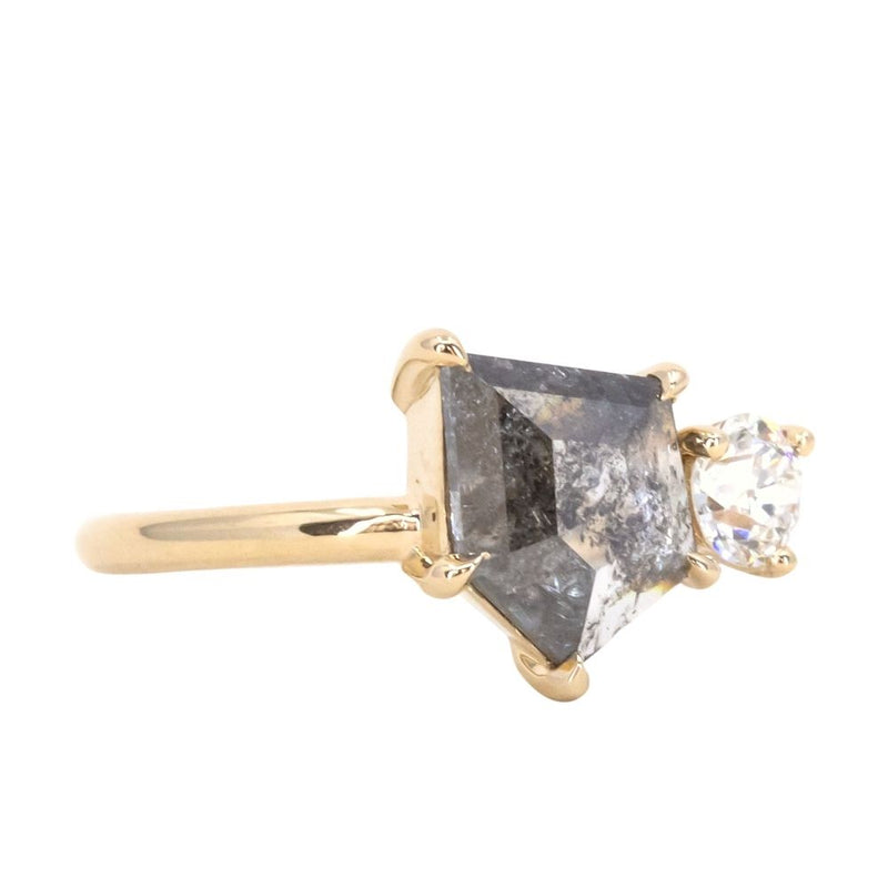 1.19ct Salt & Pepper shield rosecut Diamond and Antique Old Mine Cut Diamond Ring in 14k Yellow Gold