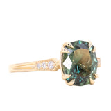3.05ct Fancy Cushion Color-Shifting Sapphire Double Prong Vintage Cathedral Ring in 14k Yellow Gold