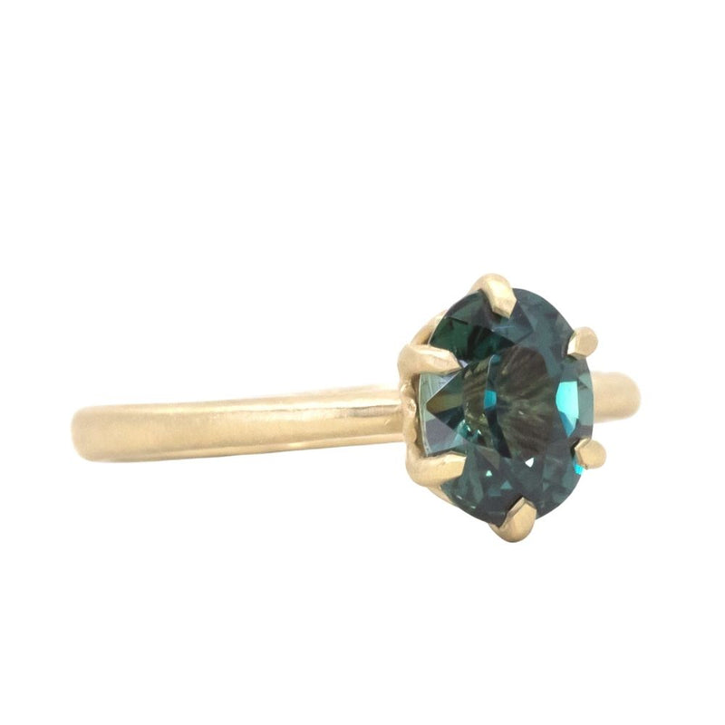 1.77ct Teal Oval Madagascar Sapphire Lotus Six Prong Solitaire in Satin 18k Yellow Gold
