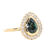 2.02ct Pear Madagascar Sapphire and Scalloped Antique Style Diamond Halo Ring in 18k Yellow Gold