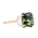 4.14ct Emerald Cut Sapphire and Cadillac White Sapphire Three Stone Ring in 14k Yellow Gold