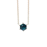 5.3mm Deep Teal Blue Hexagon Sapphire Dainty Prong Set Necklace in 14k Yellow Gold