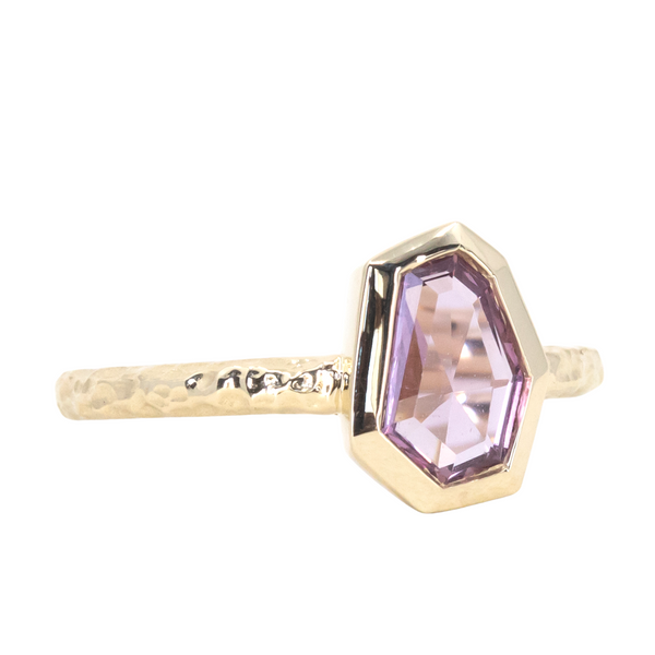 0.92ct Pink Geo Slice Sapphire Evergreen Low Profile Bezel Solitaire Ring in 14k Yellow Gold