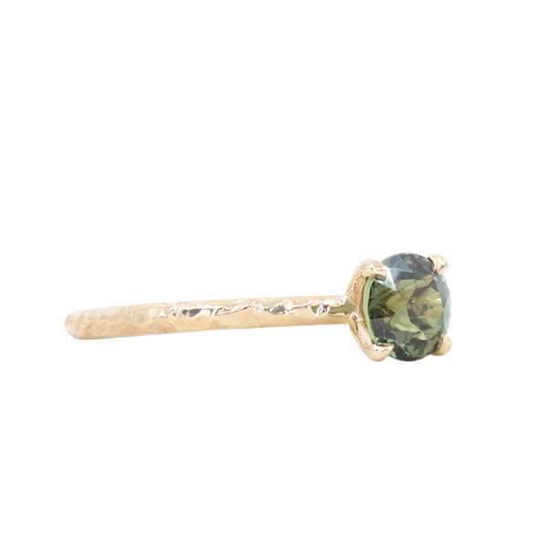 1.19ct Round Earth Colored Sapphire Evergreen Carved 4 Prong Solitaire in 14k Yellow Gold