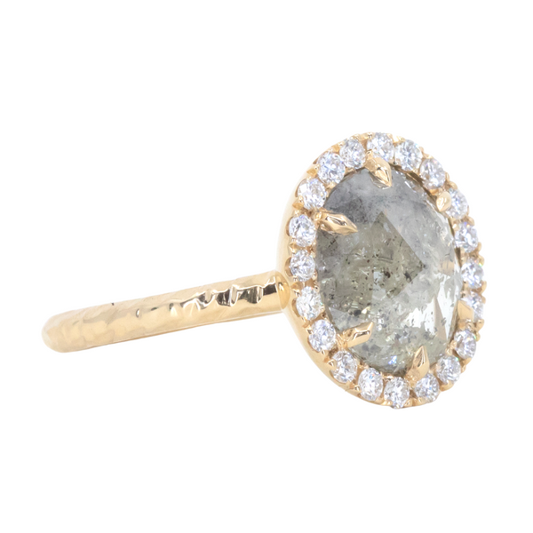 2.11ct Grey Oval Salt and Pepper Diamond and Low Profile Diamond Halo French Set Ring in 18k Yellow Gold