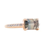 2.56ct Bicolor Sapphire Ombre East West 4-Prong Ring with white and salt & pepper side diamonds in 14k rose gold side angle