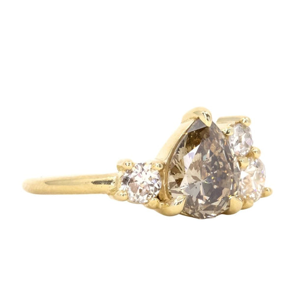1.47ct Pear Champagne Diamond Low Profile Antique Diamond Cluster Ring in 18K Yellow Gold