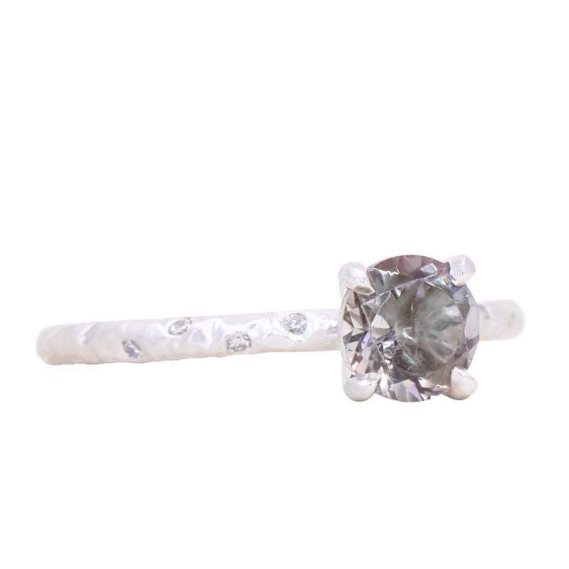 0.84ct Round Oregon Sunstone Solitaire Ring in Sterling Silver with Embedded Diamonds in Evergreen Texture