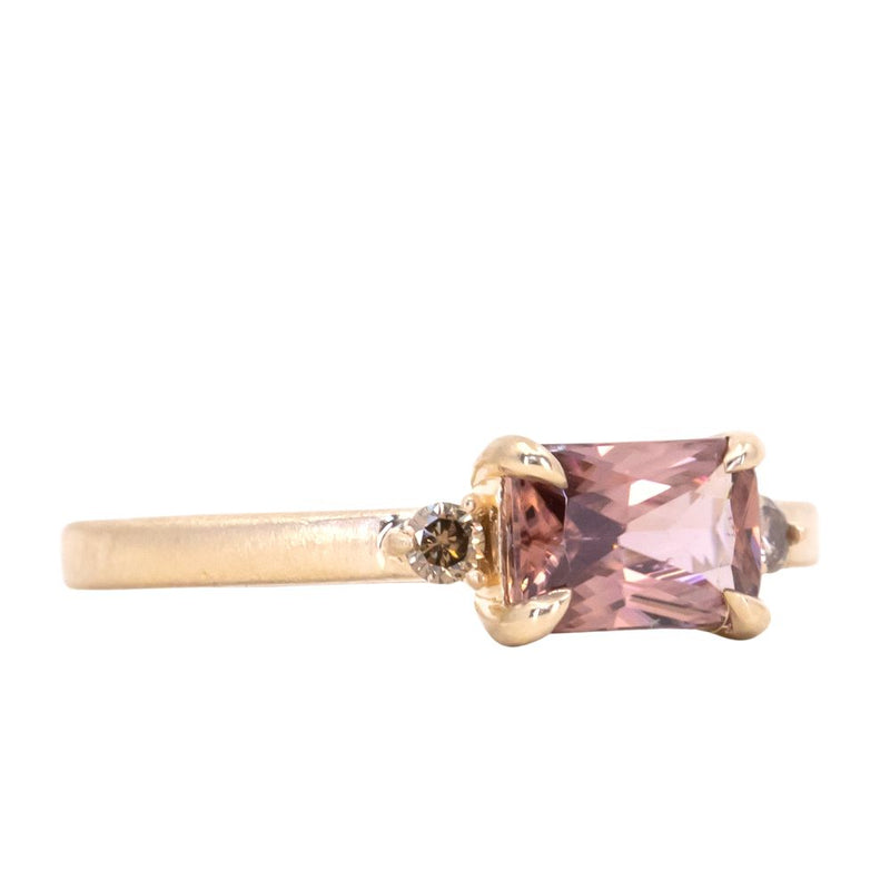 1.19ct East-West Radiant cut Pink Zircon and Champagne Diamond Low Profile Satin Flat Band Ring in 14k Yellow Gold