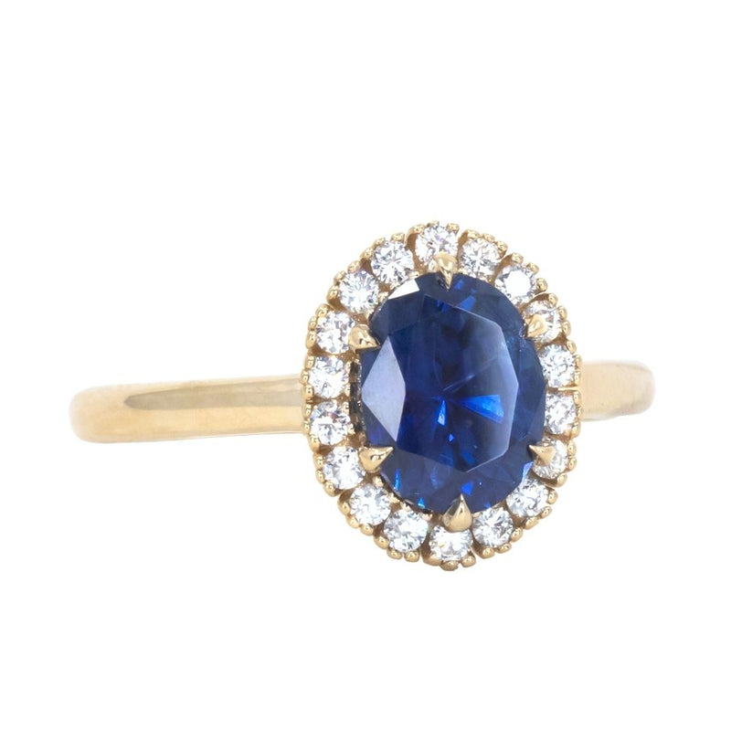 1.63ct Oval Sapphire Antique-Inspired Diamond Halo Ring in 18k Yellow Gold