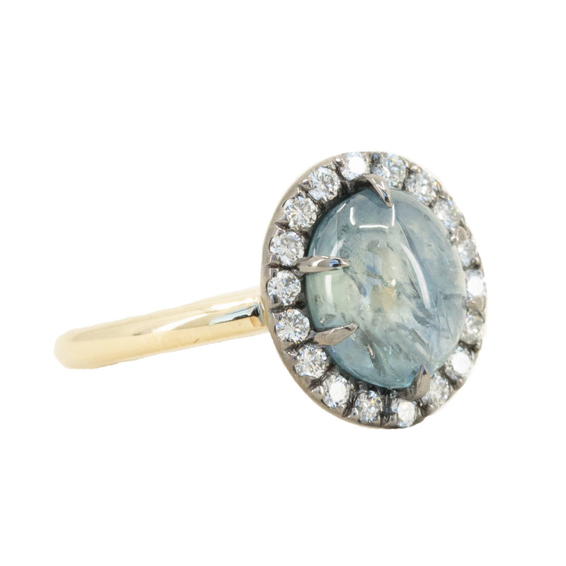 3.53ct Blue Oval Cabochon Montana Sapphire Low Profile Antique Diamond Halo Six Prong Ring in 14k Yellow Gold