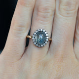 3.53ct Blue Oval Cabochon Montana Sapphire Low Profile Antique Diamond Halo Six Prong Ring in 14k Yellow Gold