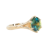 2.40ct Oval Teal Green Parti Sapphire Evergreen Carved Split Shank Six Prong Ring in 14k Yellow Gold