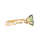 2.40ct Oval Teal Green Parti Sapphire Evergreen Carved Split Shank Six Prong Ring in 14k Yellow Gold side view