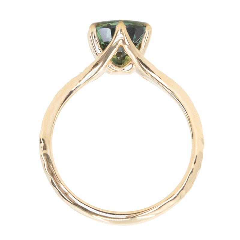 2.40ct Oval Teal Green Parti Sapphire Evergreen Carved Split Shank Six Prong Ring in 14k Yellow Gold profile