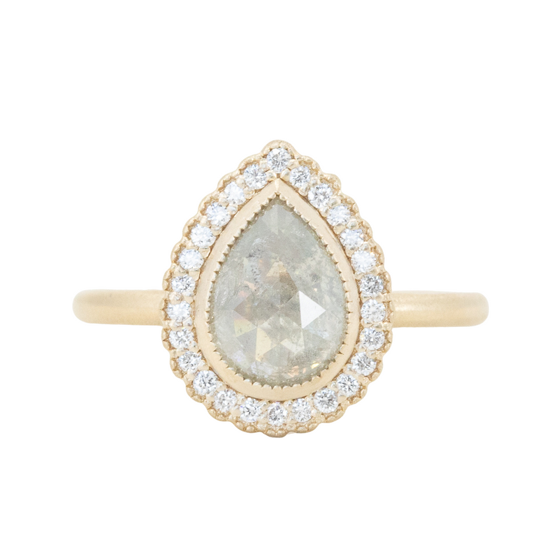 1.69ct Rosecut Grey Pear Diamond and Antique Style Scalloped Halo Ring in 14k Yellow Gold Satin Finish