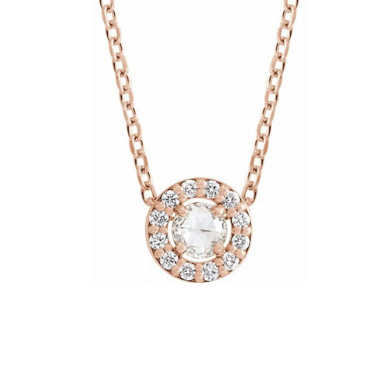 0.25ct Round Rosecut Diamond Halo Necklace in Solid Gold