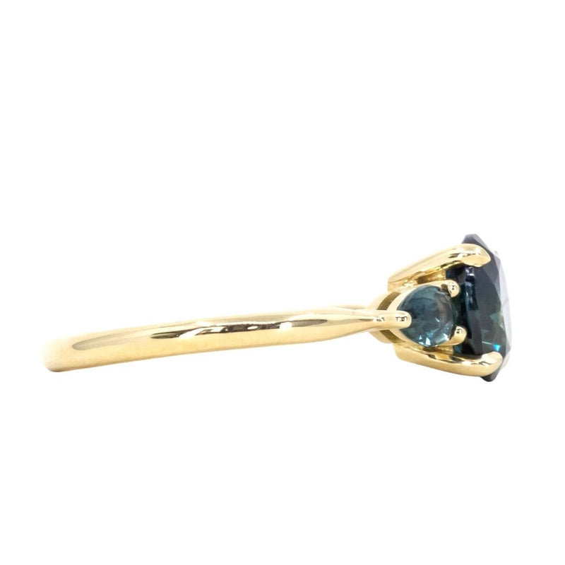 2.13ct Round Nigerian Sapphire and Pear Sapphire Three Stone Ring in 18K Yellow Gold