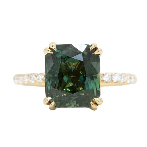 4.52ct Forest Green Radiant Cut Sapphire Double Claw Prong Solitaire with Diamonds in 14k Yellow Gold