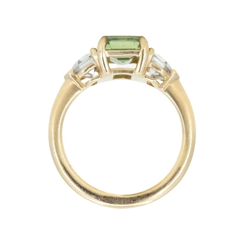 1.90ct Seafoam Emerald Cut Montana Sapphire and White Sapphire Three Stone Ring in 14k Yellow Gold