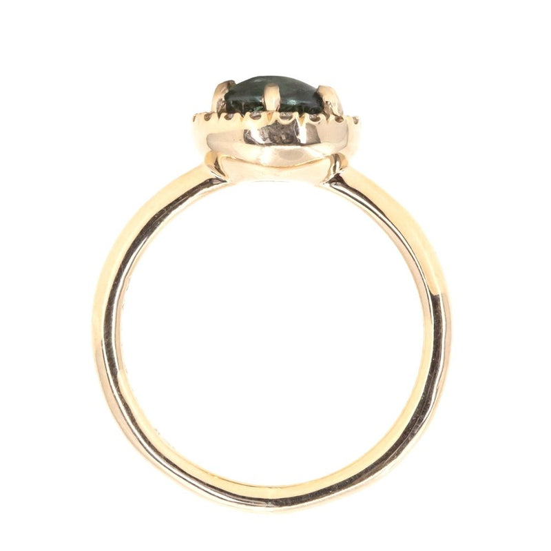 1.49ct Buff Top Montana Sapphire Low Profile Diamond Halo Ring In 14k Yellow Gold