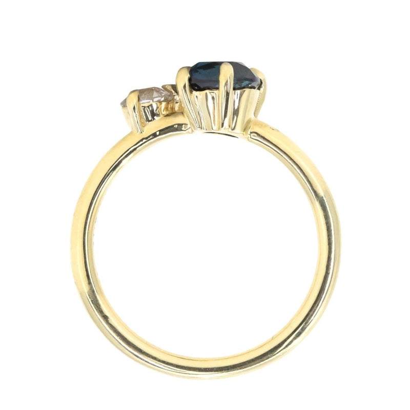 1.56ct Deep Teal Blue Pear and Antique Old Mine Cut Diamond Ring in 18k Yellow Gold