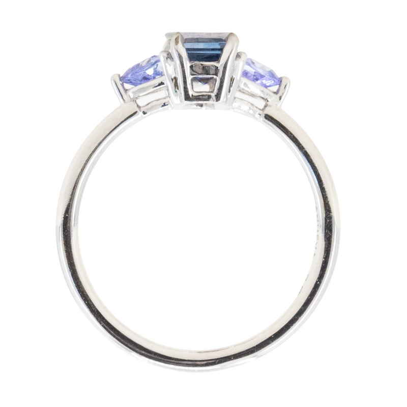 1.11ct Bicolor Emerald Cut Sapphire Three Stone Ring with Tanzanite Trillion Side Stones in Platinum