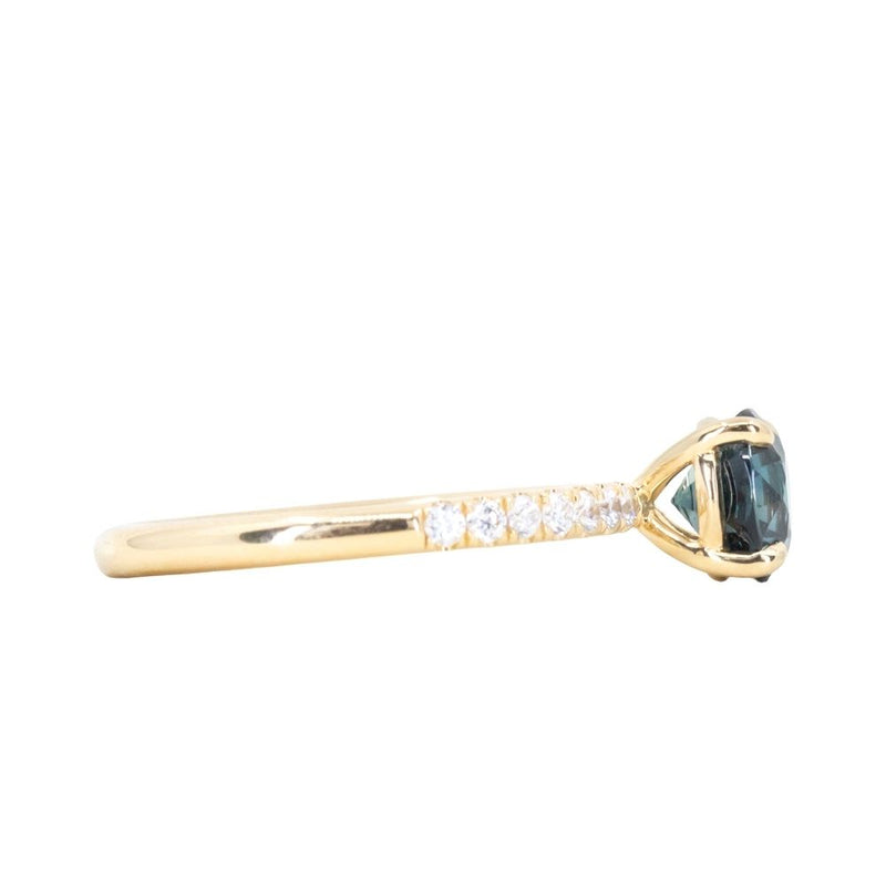 1.42ct Round Deep Green Madagascar Sapphire and French Set Diamond Solitaire in 18k Yellow Gold