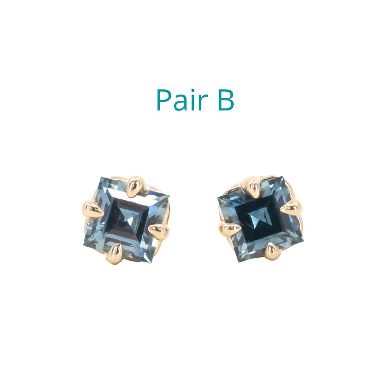 Montana Sapphire Carre Cut Stud Earrings in 14k Yellow and Rose Gold