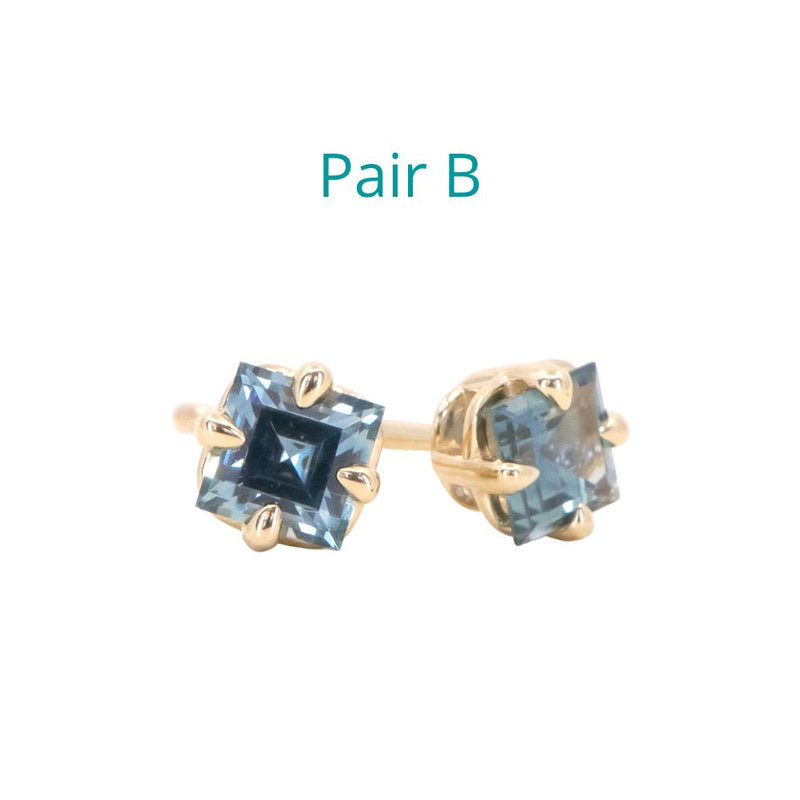 Montana Sapphire Carre Cut Stud Earrings in 14k Yellow and Rose Gold