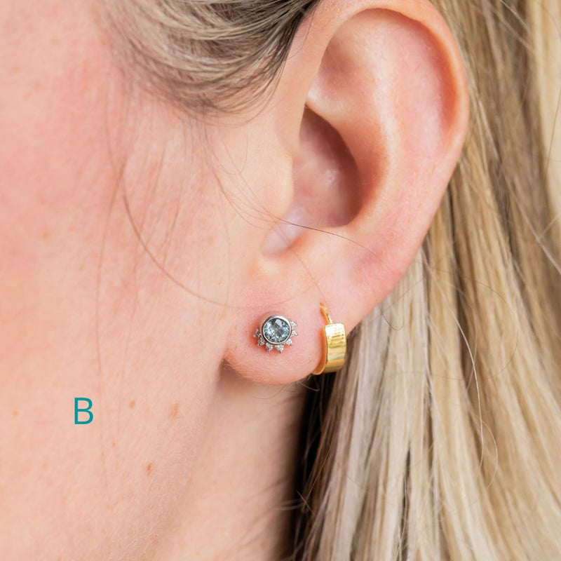 Diamond Sunrise Bezel Sapphire Stud Earrings in 14k Yellow and White Gold